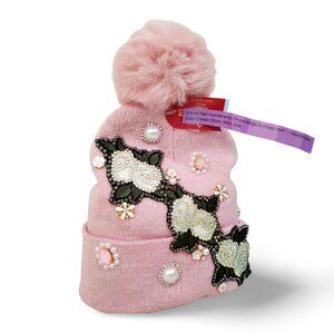 Artfully Crafted Dusty Rose Embroidered Roses Knit Beanie Crystal Adorned TT1522
